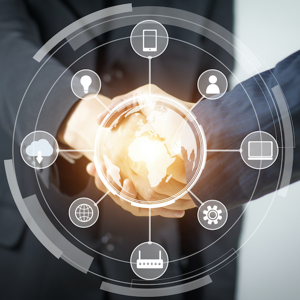 IOT. Internet of Thing concept. Handshake. Businessmen making handshake. Abstract of Business handshake. Polygonal mesh art. effect of technological innovation,